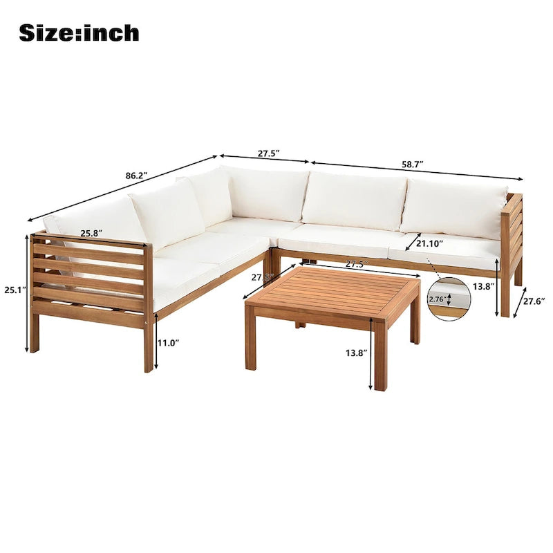 Canapé d'angle en bois d'acacia 4 pièces avec table