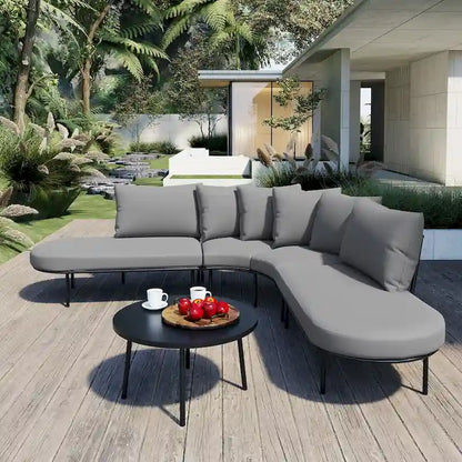 Ensemble de canapés d'angle incurvés en fer avec table et coussins