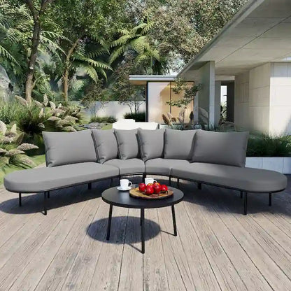 Ensemble de canapés d'angle incurvés en fer avec table et coussins
