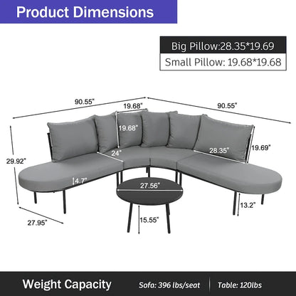 Ensemble de canapés d'angle incurvés en fer avec table et coussins