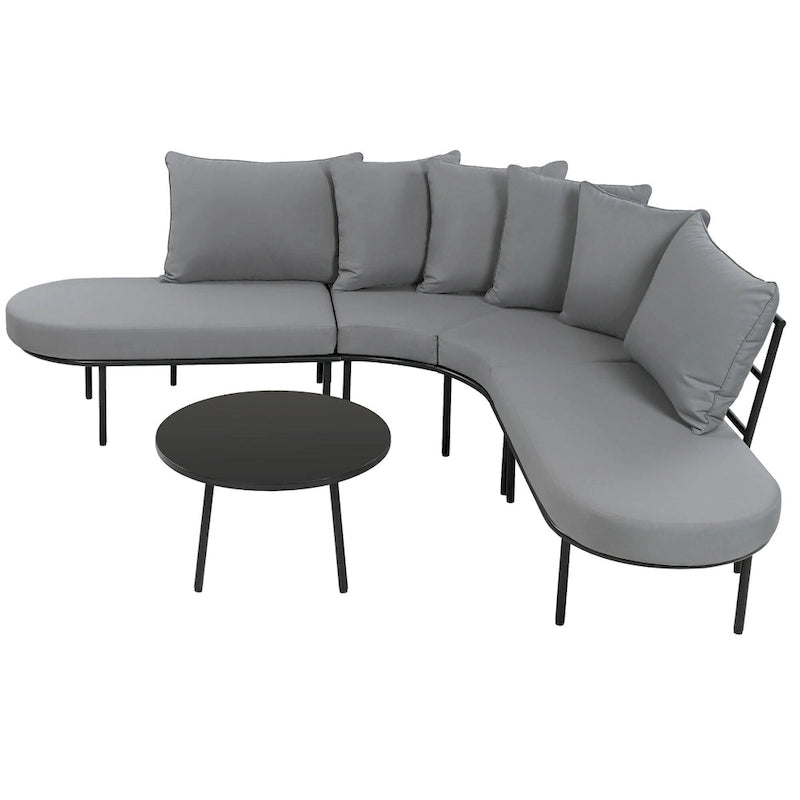 Ensemble de canapés d'angle incurvés en fer avec table et coussins