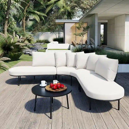 Ensemble de canapés d'angle incurvés en fer avec table et coussins