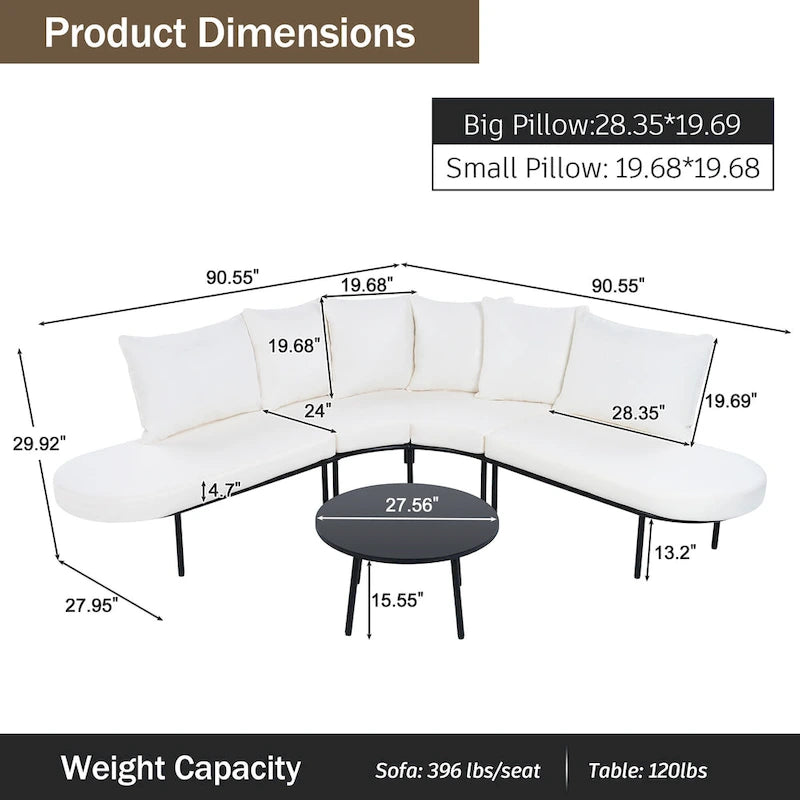 Ensemble de canapés d'angle incurvés en fer avec table et coussins