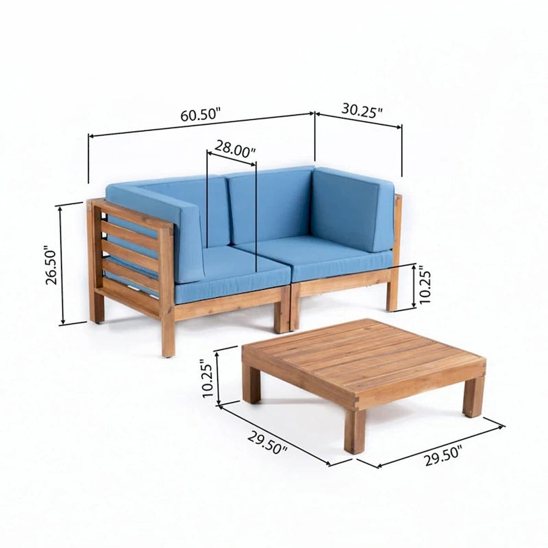 Ensemble 3 pièces d'extérieur « LOVE SEAT » avec table basse, bleu