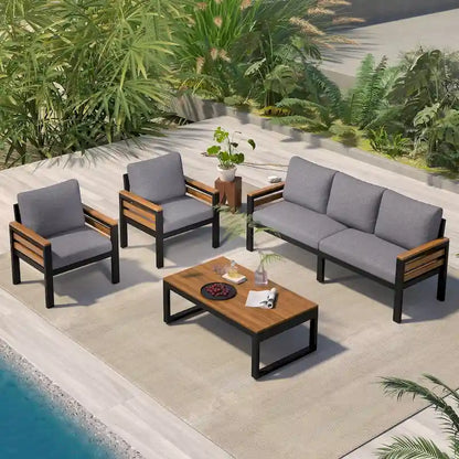 Ensemble de canapés modulaires d'extérieur 4 pièces, ensemble de meubles de conversation de patio toutes saisons avec coussin et table basse en bois massif