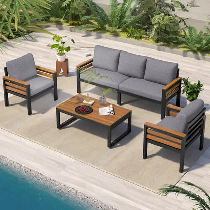 Ensemble de canapés modulaires d'extérieur 4 pièces, ensemble de meubles de conversation de patio toutes saisons avec coussin et table basse en bois massif