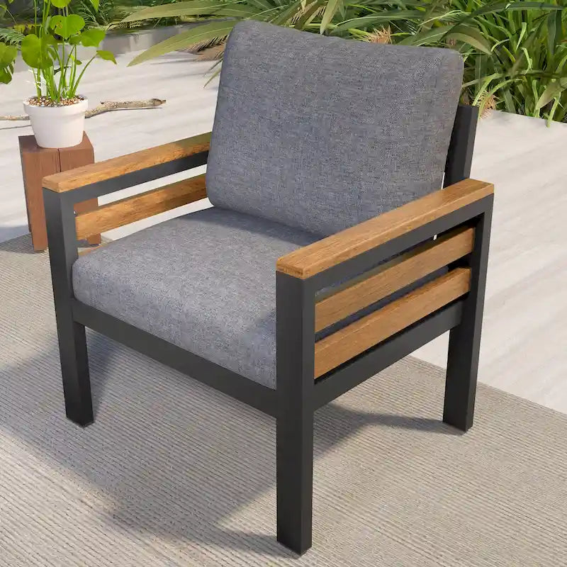 Ensemble de canapés modulaires d'extérieur 4 pièces, ensemble de meubles de conversation de patio toutes saisons avec coussin et table basse en bois massif