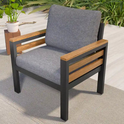 Ensemble de canapés modulaires d'extérieur 4 pièces, ensemble de meubles de conversation de patio toutes saisons avec coussin et table basse en bois massif