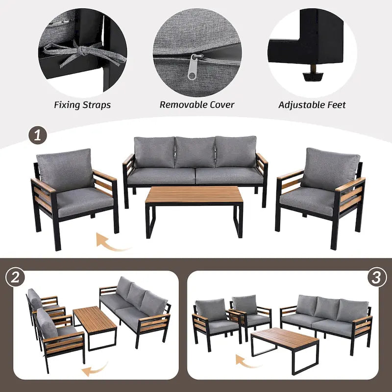 Ensemble de canapés modulaires d'extérieur 4 pièces, ensemble de meubles de conversation de patio toutes saisons avec coussin et table basse en bois massif
