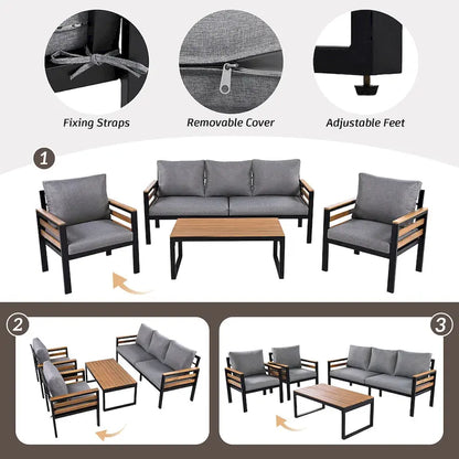 Ensemble de canapés modulaires d'extérieur 4 pièces, ensemble de meubles de conversation de patio toutes saisons avec coussin et table basse en bois massif