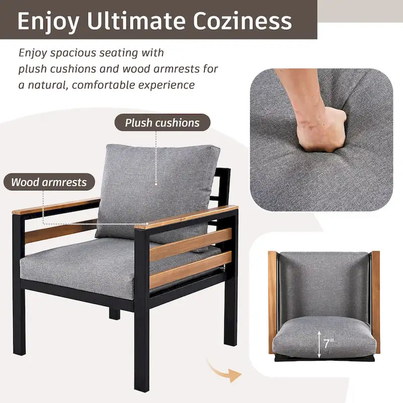 Ensemble de canapés modulaires d'extérieur 4 pièces, ensemble de meubles de conversation de patio toutes saisons avec coussin et table basse en bois massif