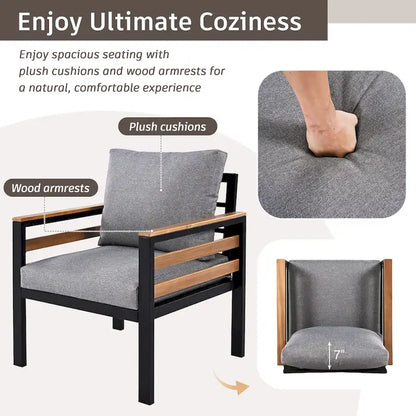 Ensemble de canapés modulaires d'extérieur 4 pièces, ensemble de meubles de conversation de patio toutes saisons avec coussin et table basse en bois massif