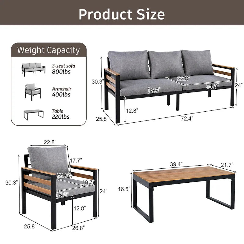 Ensemble de canapés modulaires d'extérieur 4 pièces, ensemble de meubles de conversation de patio toutes saisons avec coussin et table basse en bois massif