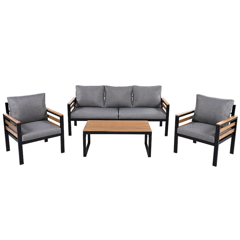 Ensemble de canapés modulaires d'extérieur 4 pièces, ensemble de meubles de conversation de patio toutes saisons avec coussin et table basse en bois massif