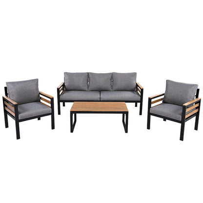 Ensemble de canapés modulaires d'extérieur 4 pièces, ensemble de meubles de conversation de patio toutes saisons avec coussin et table basse en bois massif