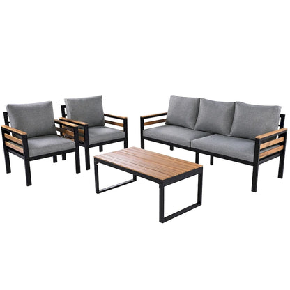 Ensemble de canapés modulaires d'extérieur 4 pièces, ensemble de meubles de conversation de patio toutes saisons avec coussin et table basse en bois massif