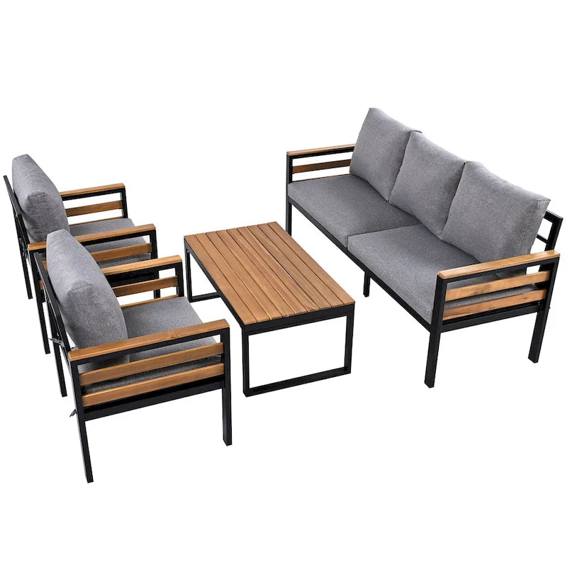 Ensemble de canapés modulaires d'extérieur 4 pièces, ensemble de meubles de conversation de patio toutes saisons avec coussin et table basse en bois massif
