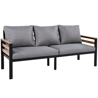 Ensemble de canapés modulaires d'extérieur 4 pièces, ensemble de meubles de conversation de patio toutes saisons avec coussin et table basse en bois massif