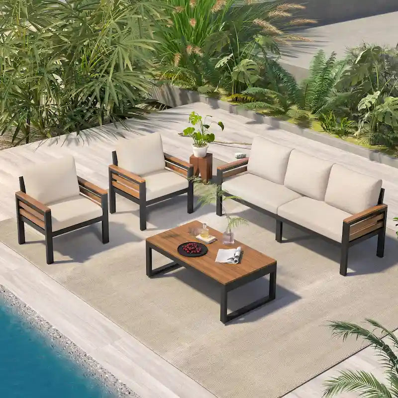 Ensemble de canapés modulaires d'extérieur 4 pièces, ensemble de meubles de conversation de patio toutes saisons avec coussin et table basse en bois massif