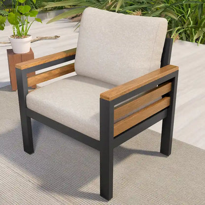 Ensemble de canapés modulaires d'extérieur 4 pièces, ensemble de meubles de conversation de patio toutes saisons avec coussin et table basse en bois massif