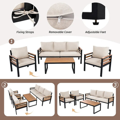 Ensemble de canapés modulaires d'extérieur 4 pièces, ensemble de meubles de conversation de patio toutes saisons avec coussin et table basse en bois massif