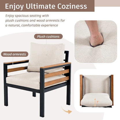 Ensemble de canapés modulaires d'extérieur 4 pièces, ensemble de meubles de conversation de patio toutes saisons avec coussin et table basse en bois massif