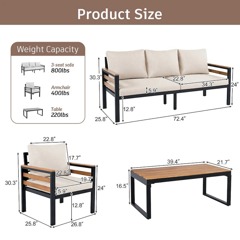 Ensemble de canapés modulaires d'extérieur 4 pièces, ensemble de meubles de conversation de patio toutes saisons avec coussin et table basse en bois massif