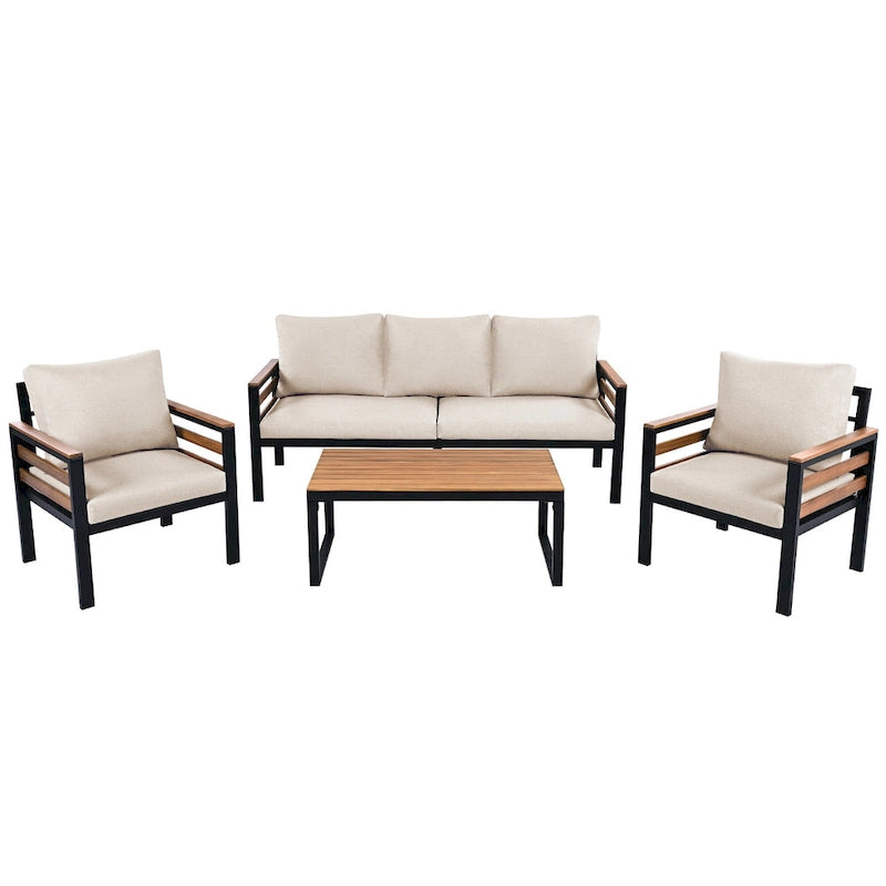 Ensemble de canapés modulaires d'extérieur 4 pièces, ensemble de meubles de conversation de patio toutes saisons avec coussin et table basse en bois massif