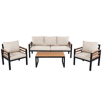 Ensemble de canapés modulaires d'extérieur 4 pièces, ensemble de meubles de conversation de patio toutes saisons avec coussin et table basse en bois massif