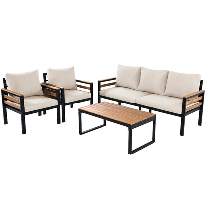 Ensemble de canapés modulaires d'extérieur 4 pièces, ensemble de meubles de conversation de patio toutes saisons avec coussin et table basse en bois massif
