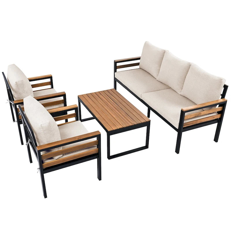 Ensemble de canapés modulaires d'extérieur 4 pièces, ensemble de meubles de conversation de patio toutes saisons avec coussin et table basse en bois massif