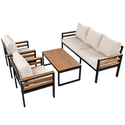Ensemble de canapés modulaires d'extérieur 4 pièces, ensemble de meubles de conversation de patio toutes saisons avec coussin et table basse en bois massif