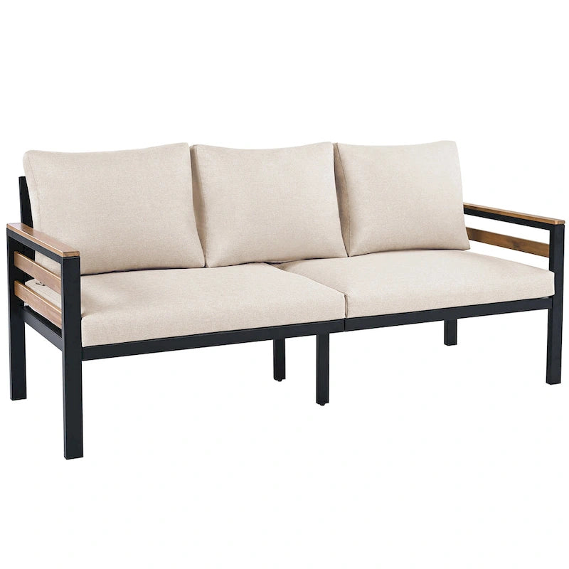 Ensemble de canapés modulaires d'extérieur 4 pièces, ensemble de meubles de conversation de patio toutes saisons avec coussin et table basse en bois massif