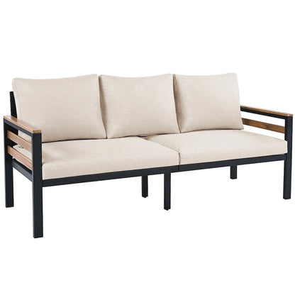 Ensemble de canapés modulaires d'extérieur 4 pièces, ensemble de meubles de conversation de patio toutes saisons avec coussin et table basse en bois massif