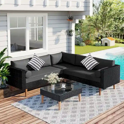 Ensemble de mobilier d'extérieur 4 pièces, salon de jardin tout temps, ensemble de canapé d'angle en osier avec coussins et table basse