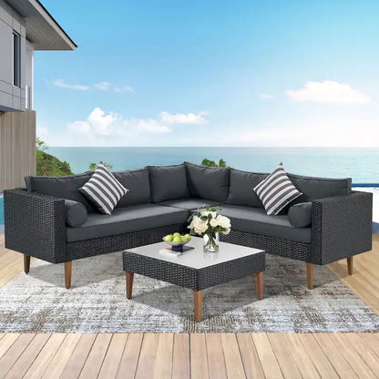 Ensemble de mobilier d'extérieur 4 pièces, salon de jardin tout temps, ensemble de canapé d'angle en osier avec coussins et table basse