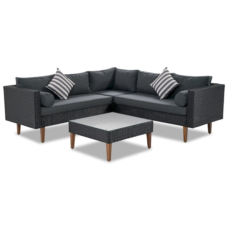 Ensemble de mobilier d'extérieur 4 pièces, salon de jardin tout temps, ensemble de canapé d'angle en osier avec coussins et table basse