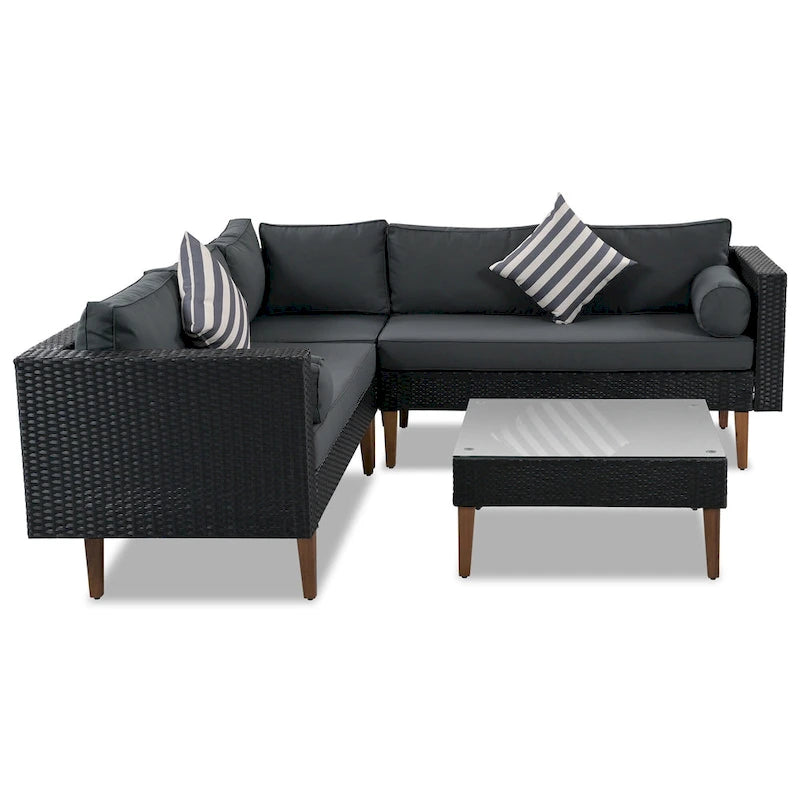 Ensemble de mobilier d'extérieur 4 pièces, salon de jardin tout temps, ensemble de canapé d'angle en osier avec coussins et table basse