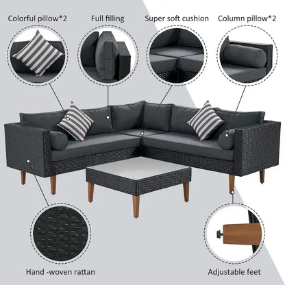 Ensemble de mobilier d'extérieur 4 pièces, salon de jardin tout temps, ensemble de canapé d'angle en osier avec coussins et table basse