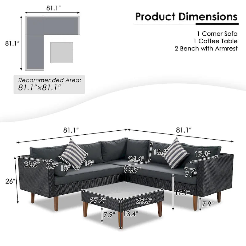 Ensemble de mobilier d'extérieur 4 pièces, salon de jardin tout temps, ensemble de canapé d'angle en osier avec coussins et table basse