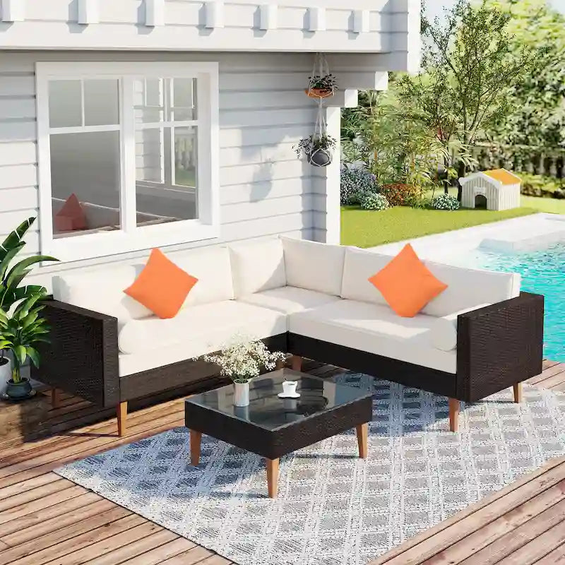 Ensemble de mobilier d'extérieur 4 pièces, salon de jardin tout temps, ensemble de canapé d'angle en osier avec coussins et table basse