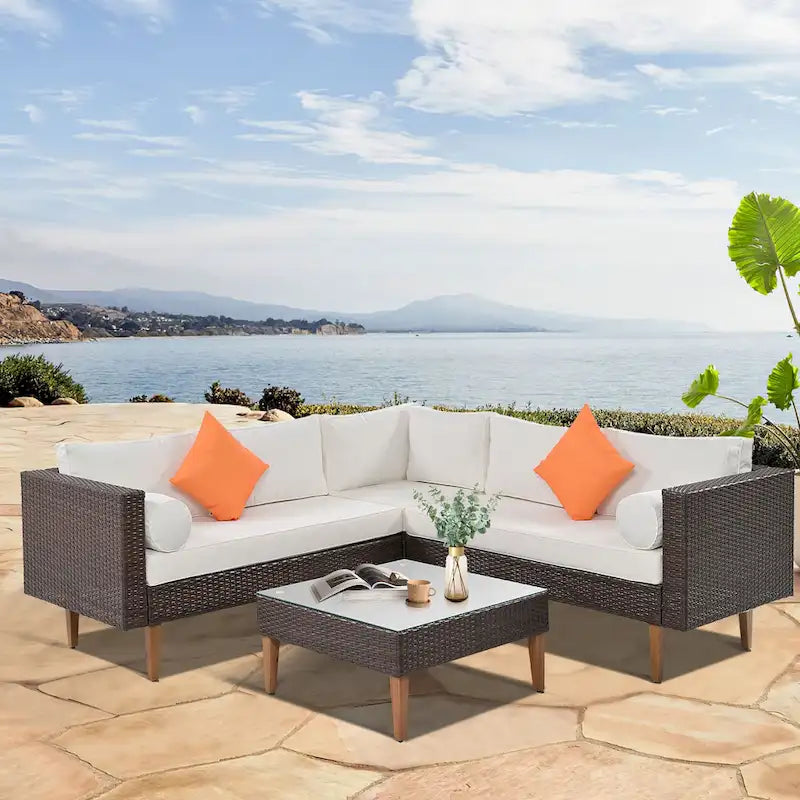 Ensemble de mobilier d'extérieur 4 pièces, salon de jardin tout temps, ensemble de canapé d'angle en osier avec coussins et table basse