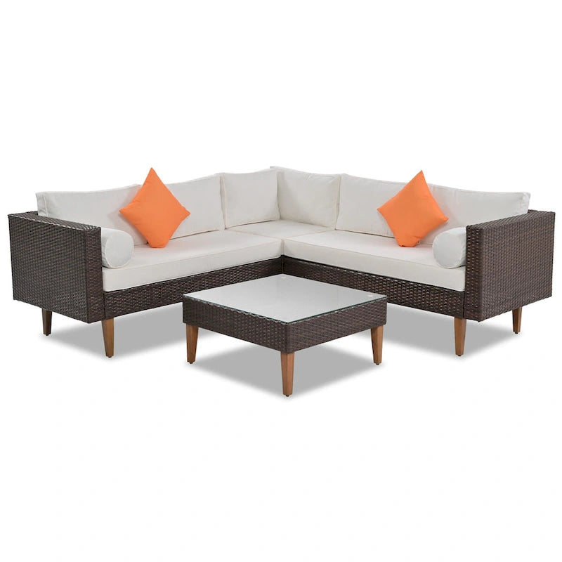 Ensemble de mobilier d'extérieur 4 pièces, salon de jardin tout temps, ensemble de canapé d'angle en osier avec coussins et table basse