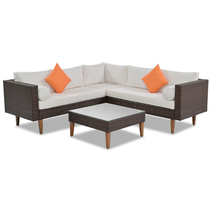 Ensemble de mobilier d'extérieur 4 pièces, salon de jardin tout temps, ensemble de canapé d'angle en osier avec coussins et table basse