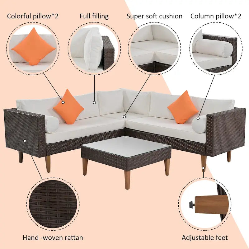 Ensemble de mobilier d'extérieur 4 pièces, salon de jardin tout temps, ensemble de canapé d'angle en osier avec coussins et table basse