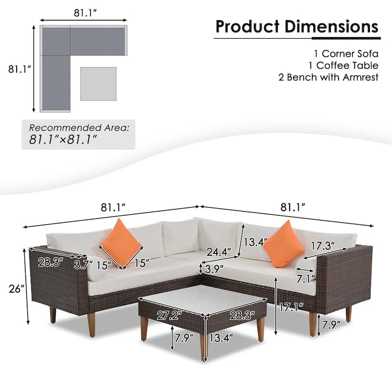 Ensemble de mobilier d'extérieur 4 pièces, salon de jardin tout temps, ensemble de canapé d'angle en osier avec coussins et table basse