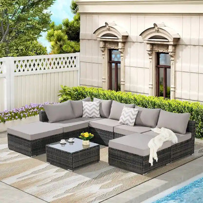 Ensemble de canapé d'angle extérieur 8 pièces, salon de jardin en osier toutes saisons avec table basse et 2 oreillers