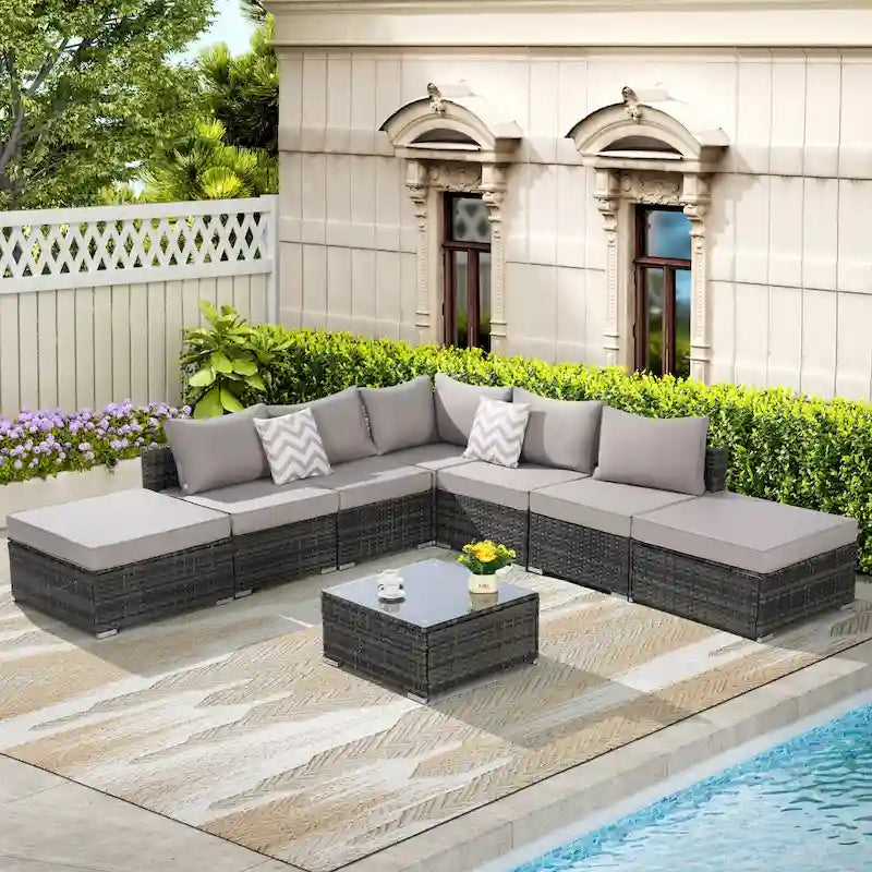 Ensemble de canapé d'angle extérieur 8 pièces, salon de jardin en osier toutes saisons avec table basse et 2 oreillers