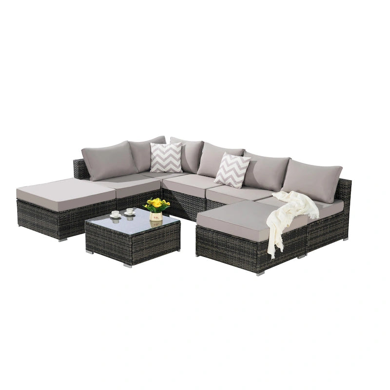 Ensemble de canapé d'angle extérieur 8 pièces, salon de jardin en osier toutes saisons avec table basse et 2 oreillers
