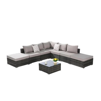 Ensemble de canapé d'angle extérieur 8 pièces, salon de jardin en osier toutes saisons avec table basse et 2 oreillers